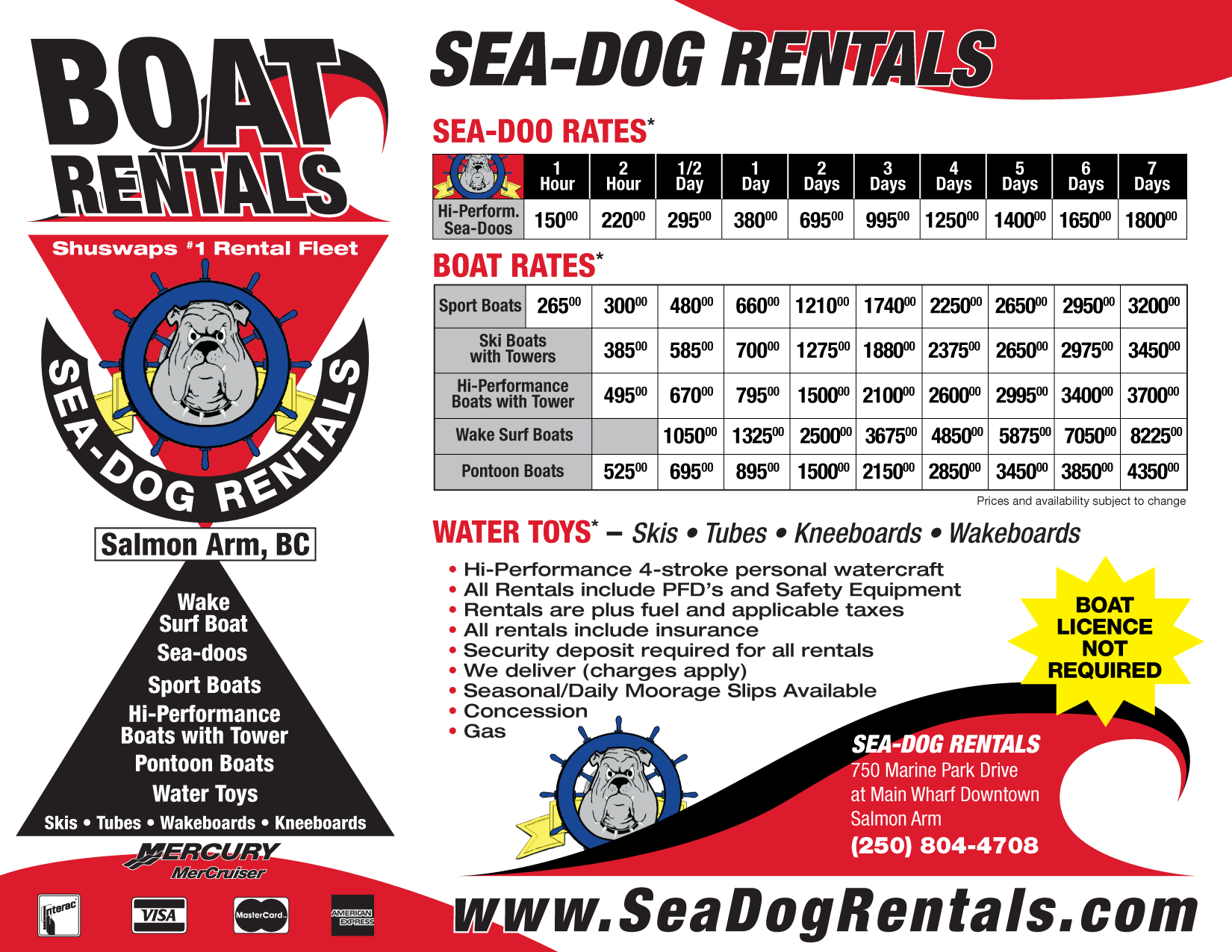 Sea-Dog Boat Rental Rates, Salmon Arm, BC