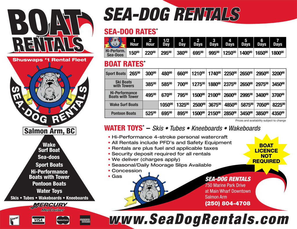 Sea-Dog Boat Rental Rates, Salmon Arm, BC